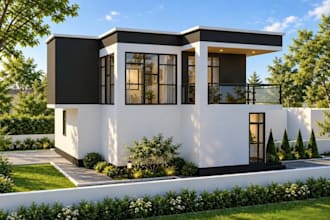 sketchup 3d multi family house,flat roof home exterior,duplex render,cgi balcony