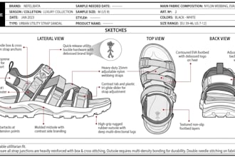 create a detailed footwear and sandal tech pack for manufacturing