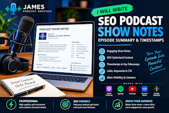 write SEO podcast show notes, episode summary and timestamps