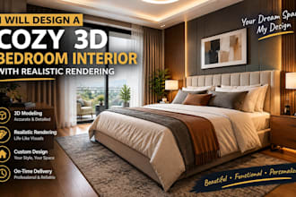 design a cozy 3d bedroom interior with realistic rendering