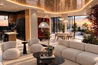 revamp 3d apartment interior decor,l shape kitchen,dining room,grammetry render