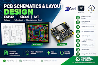 design pcb schematic board, pcb layout, circuit, esp32 kicad and iot in 24hours