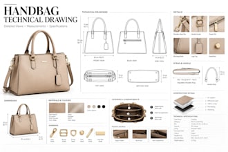 create detailed handbag technical drawings with measurements