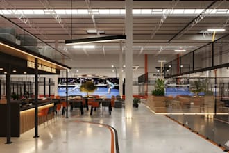 3d cgi render of warehouse tennis court,indoor padel club,sport reception lounge