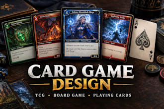 design card game, trading card game, tcg and board game cards