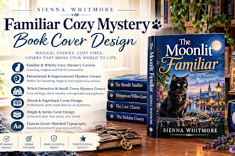 design familiar cozy mystery book cover, witchy paranormal design