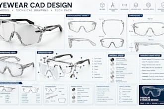 create sunglasses tech pack, cad drawings, lens specs and factory files