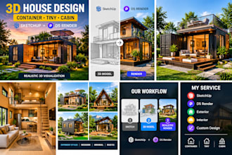 design 3d container house, tiny house, cabin, frame house and sketchup 3d