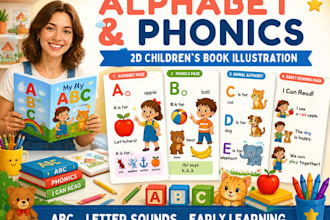 illustrate childrens alphabet and phonics books with colorful 2d art