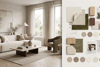 create an interior moodboard furniture layout and shopping list