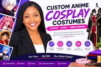design and sew custom anime cosplay costumes, outfits, coats and fabric designs