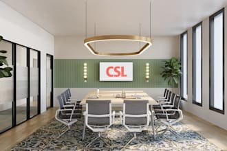 build 3d render corporate office interior, waterfront research, cgi co workspace