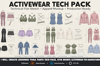 create leggings yoga pants tech pack, gym shorts activewear for manufacturing