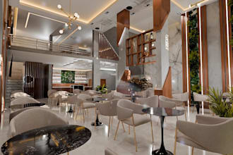 visualize 3d cafe interior,bistro restaurant layout,cigar lounge,open pub render