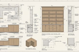 create detailed millwork drawings for reception desks and built in furniture