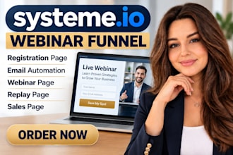 systeme io webinar funnel with registration, email automation, and sales page
