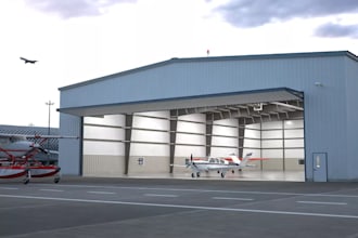 reconstruct steel aircraft hangar, airplane hangar internal layout render,3d jet