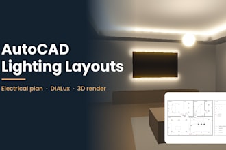 draft autocad electrical lighting layout, dialux lighting simulations, 3d render