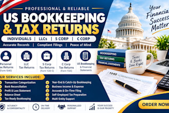 do us bookkeeping, tax returns, llc, s corp, c corp, 1040 and 1120