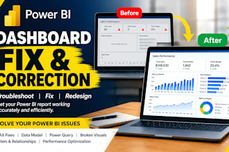 power bi dashboard correction, troubleshooting dax fixe, redesign and data error