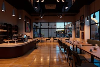 visualize 3d cozy modern coffee shop,bar counter, pub design, cafe booth seating