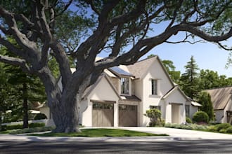 3d modern cottage exterior,gable roof home design,stucco farmhouse,garden render
