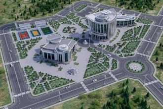 remodel old architecture, urban campus render, 3d facade skyscraper, road layout