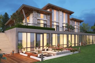 redesign luxury hillside villa,outdoor sitting area,structure layout,facades cgi
