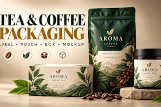 design tea packaging, coffee label, pouch, box and mockup
