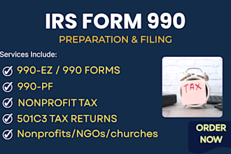 prepare and efile irs form 990, 990ez or 990n for nonprofits, ngos an churches