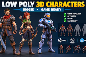 create 3d low poly character with rigging, and animation for game assets