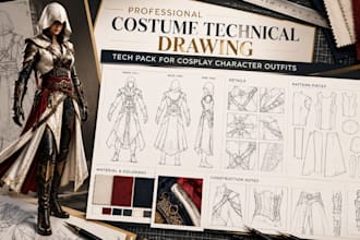 professional costume techanical drawing ,tech pack for cosplay character outfits
