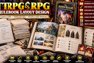 design ttrpg, rpg rulebook layout, card game tabletop rpg, and board game manual