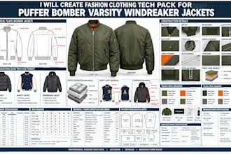 create fashion clothing tech pack for puffer bomber varsity windbreaker jackets