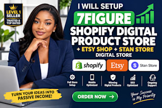 setup 7figure shopify digital products, etsy shop, stan store digital store