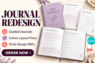 redesign your guided journal, fix canva layouts, create print ready pdfs