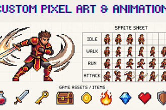 create pixel art animation, sprite sheet, pixel art character and game art
