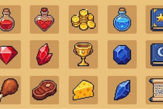 create pixel art game icons, rpg items, game logo inventory assets and game UI