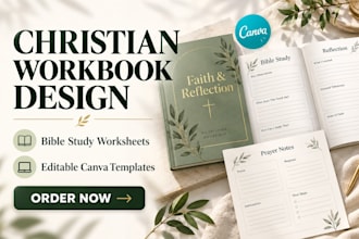 design christian workbook design, bible study worksheets, canva templates
