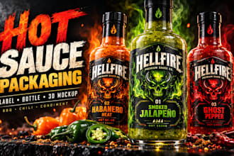 design hot sauce label, bbq sauce, chili bottle packaging and premium 3d mockup