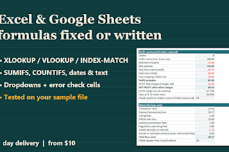 fix or write excel and google sheets formulas