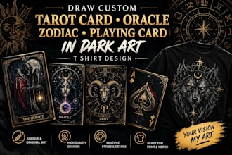 draw custom tarot card, oracle, zodiac, playing card in dark art, tshirt design