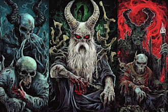 create detailed dark art illustrations for bands and merch