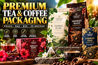 design premium tea and coffee packaging, label pouch, box and 3d mockup renders