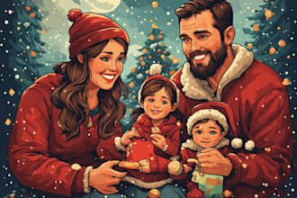 draw a cute family christmas portrait illustration for gifts