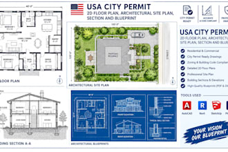 do USA city permit 2d floor plan, architectural site plan, section and blueprint