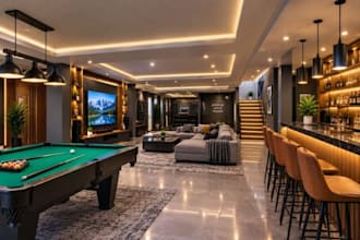 do basement home theater, bar, gaming area living room design