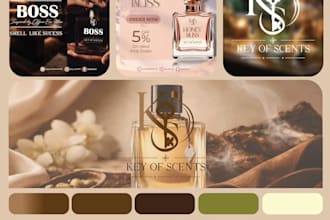 design luxury perfume logo, label, bag, brand box
