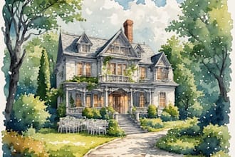 make watercolor wedding venue, house, landscape
