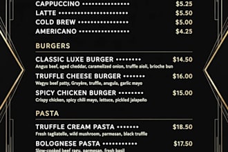 design luxury cafe menu and restaurant menu in 24hrs